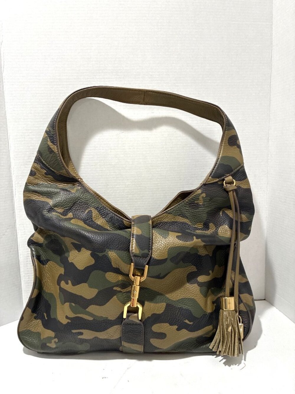 GILI slouchy camouflage-print pebble leather hobo bag matching leather tassel